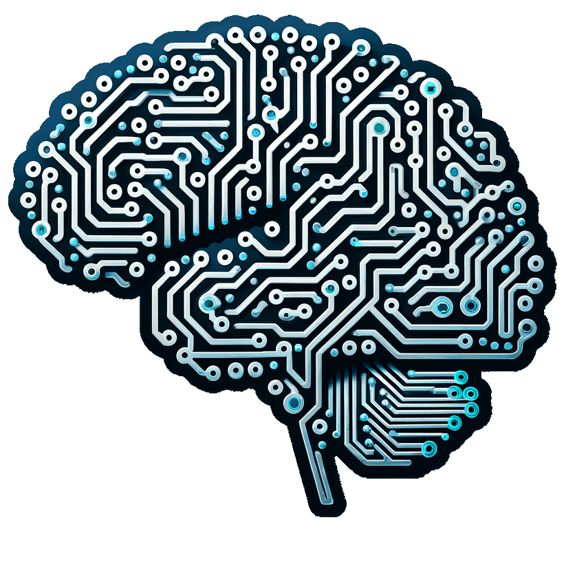 Ilustración de un cerebro con circuitos electrónicos y puntos de conexión en tonos azules y blancos sobre fondo oscuro.