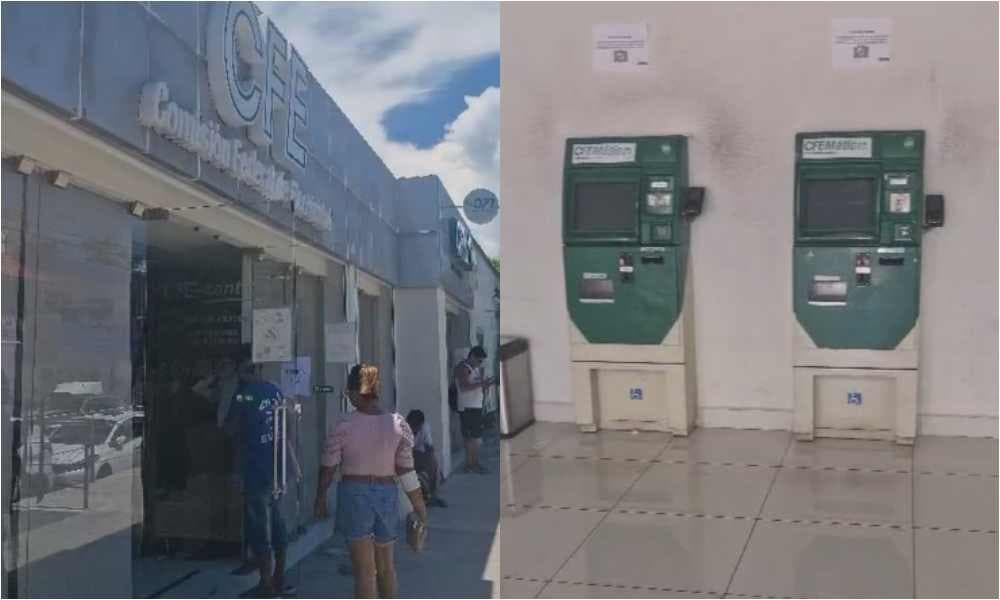 Oficinas de CFE y máquinas expendedoras de pagos en pared beige, con personas en la zona de atención al público.