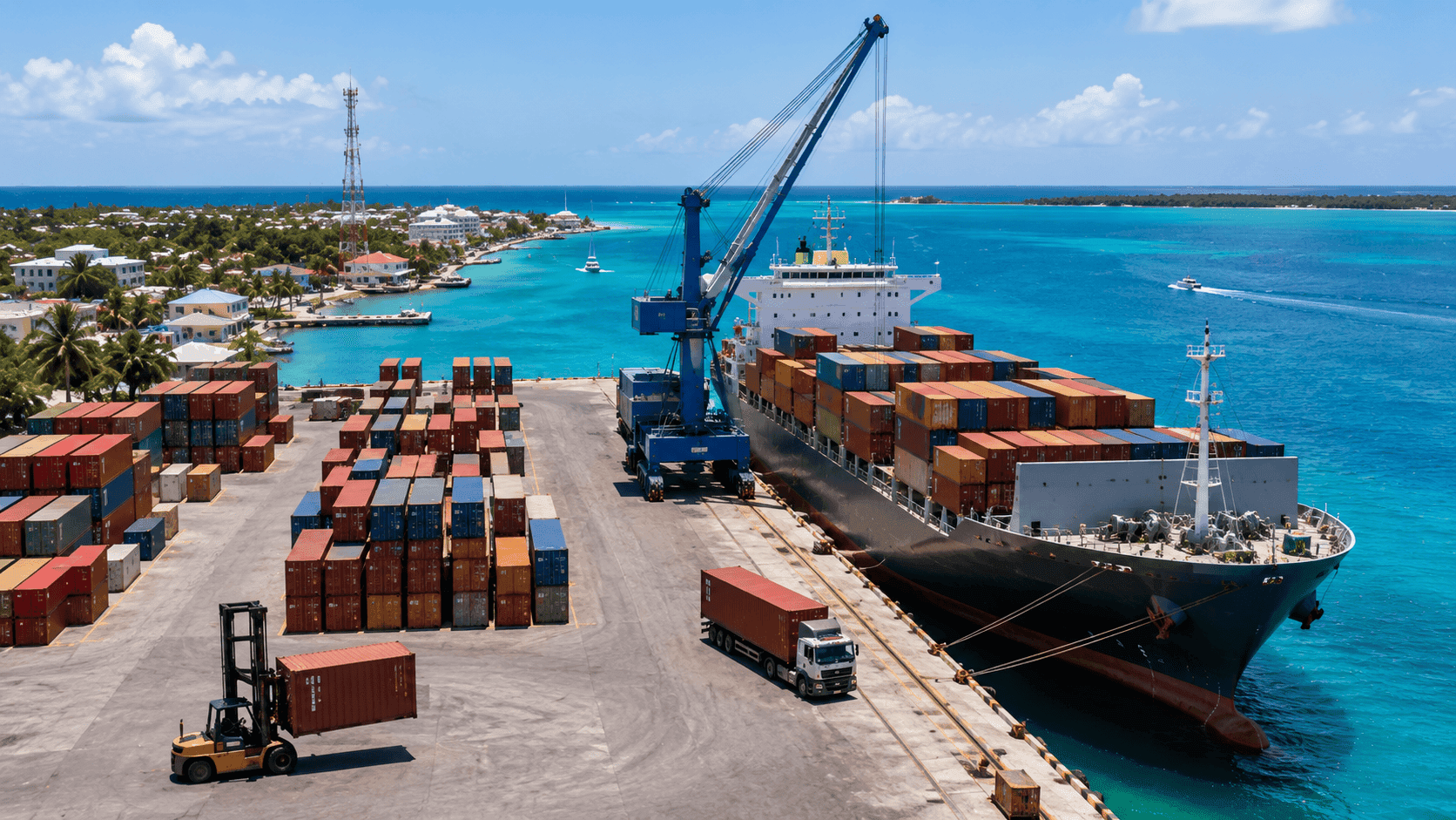 Puerto comercial en Belice con barcos de carga, contenedores y maquinaria portuaria en operación frente a aguas turquesas del Caribe.