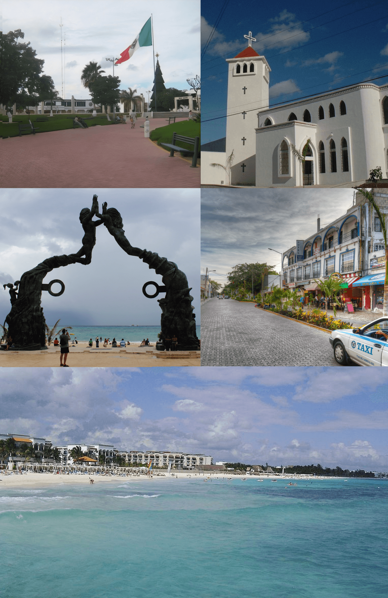 Collage de imágenes de Playa del Carmen que incluye plaza pública con bandera mexicana, iglesia blanca, escultura de sirenas en playa, calle comercial con tiendas y taxi, y vista de playa con resort.