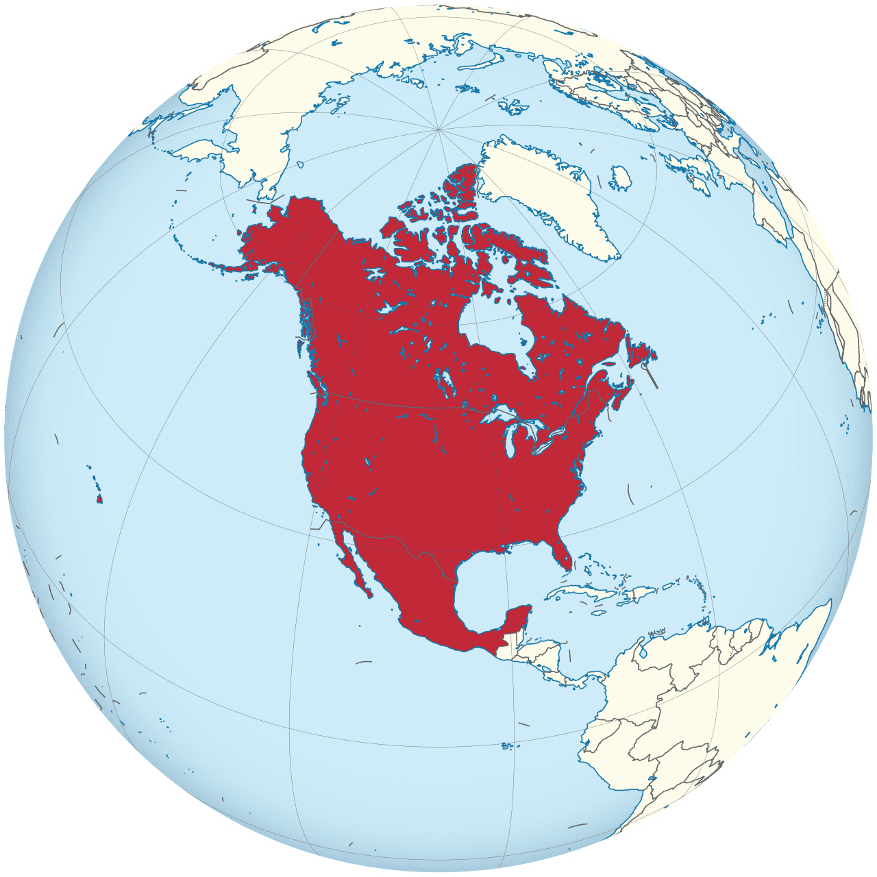 Mapa que muestra a México, Estados Unidos y Canadá destacados en rojo sobre un globo terráqueo.