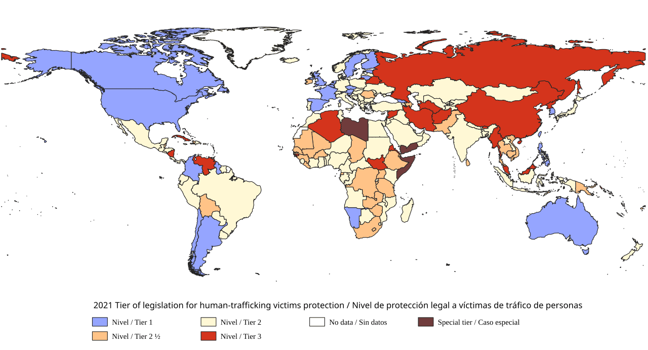 Mapa mundial de 2021 mostrando los niveles de protección legal para víctimas de trata de personas por país, con México clasificado en Nivel 2.